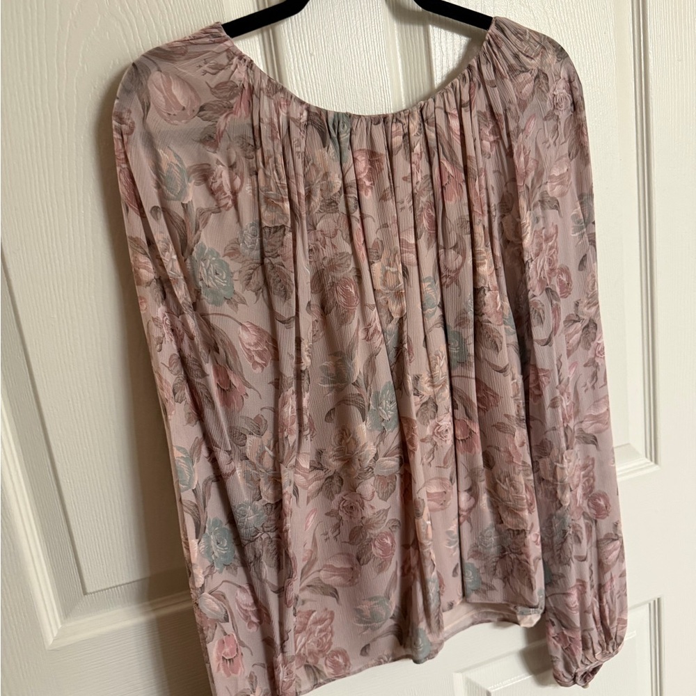 Aritzia Floral Long-Sleeve Peasant Blouse in Dusty Pink with Blue Accents